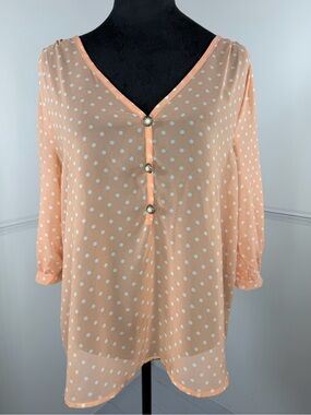 Moonlight Peach White Polka Dot Sheer Chiffon Blouse Top Size Small